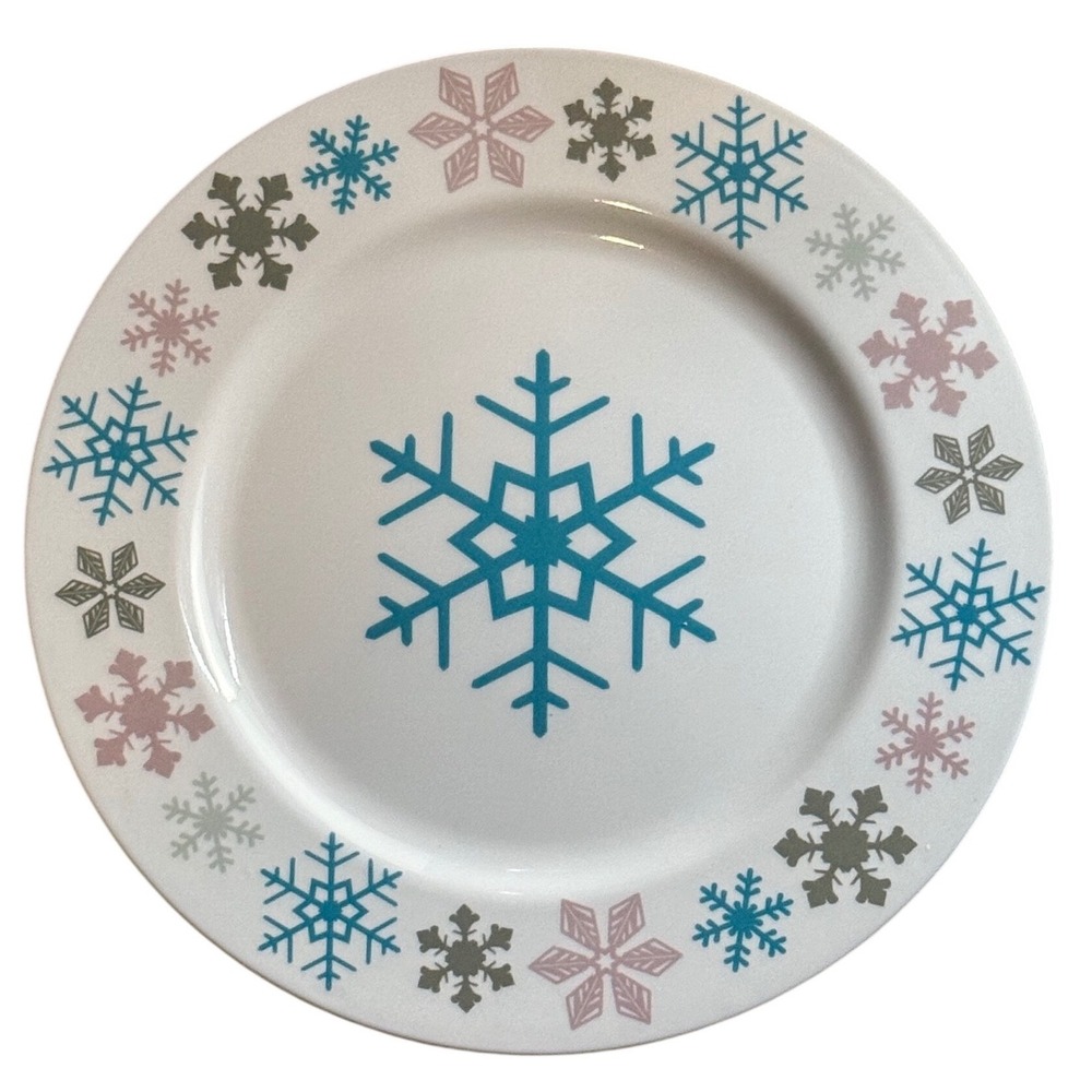 Set of 4 Temptations Snowflake Plate Blue Pink Gray White Winter Holiday Round‎